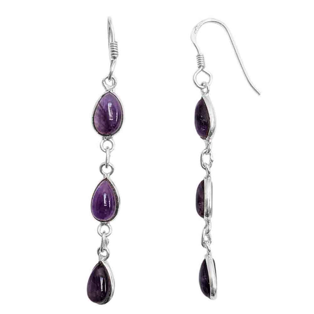 Boucles d’oreilles pendantes améthyste en argent massif 925