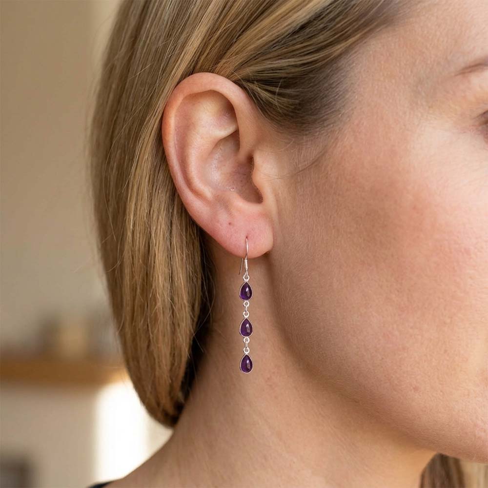 Boucles d’oreilles pendantes améthyste en argent massif 925