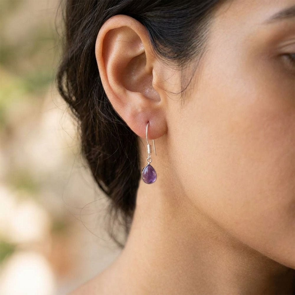 Boucles d’oreilles pendantes améthyste en argent massif 925