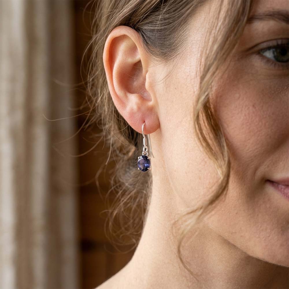 Boucles d’oreilles pendantes iolite en argent massif 925