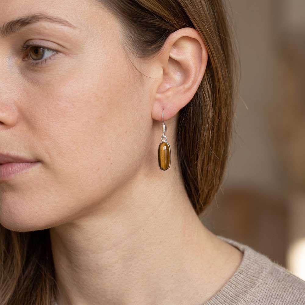 Boucles d’oreilles pendantes oeil de tigre en argent massif 925