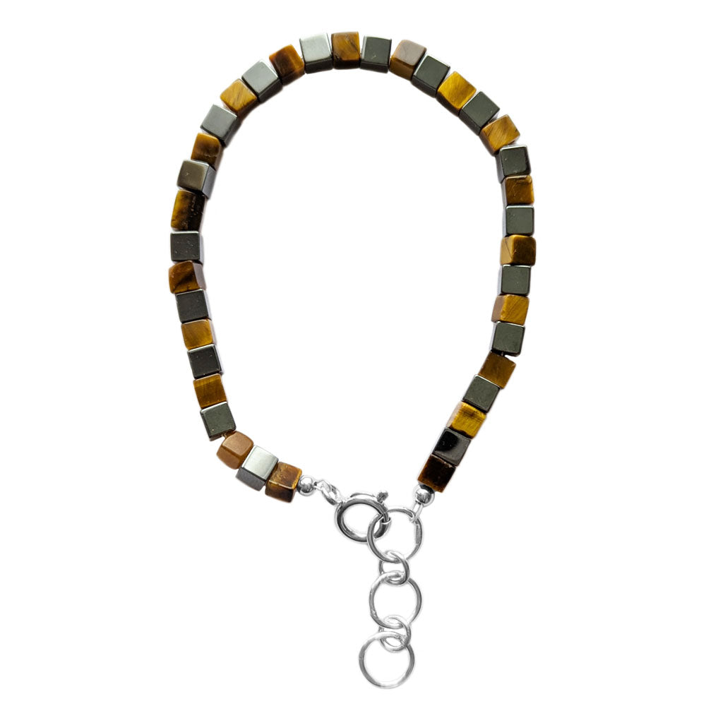 Bracelet œil de tigre et hématite en argent massif 925