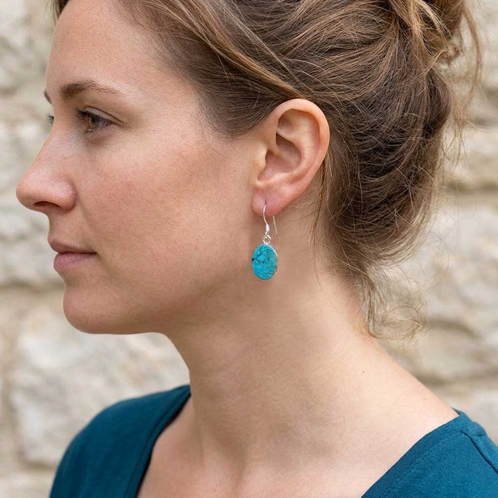 Boucles d’oreilles pendantes turquoise en argent massif 925