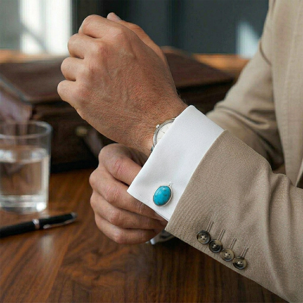 Boutons de manchette turquoise bleue en argent massif 925