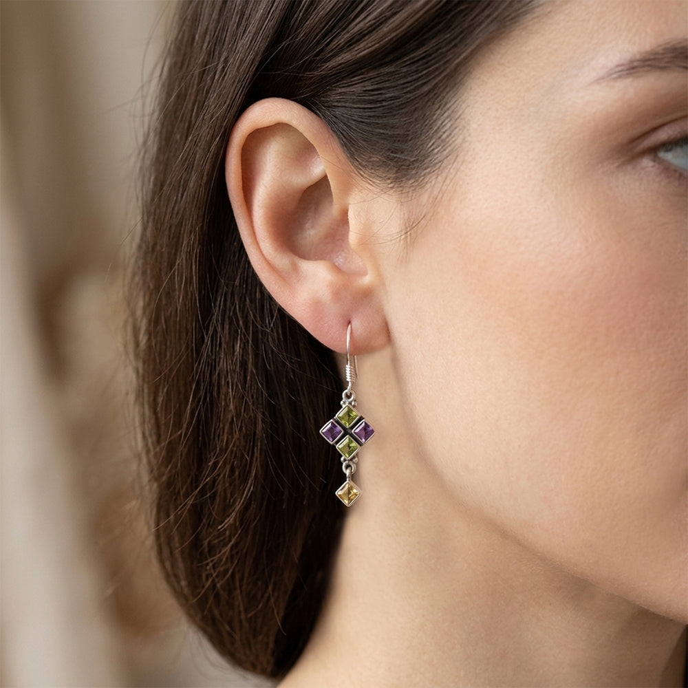 Boucles d’oreilles pendantes citrine, péridot et améthyste en argent massif 925