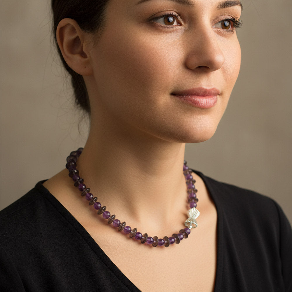 Amethyst and smoky quartz sterling silver necklace