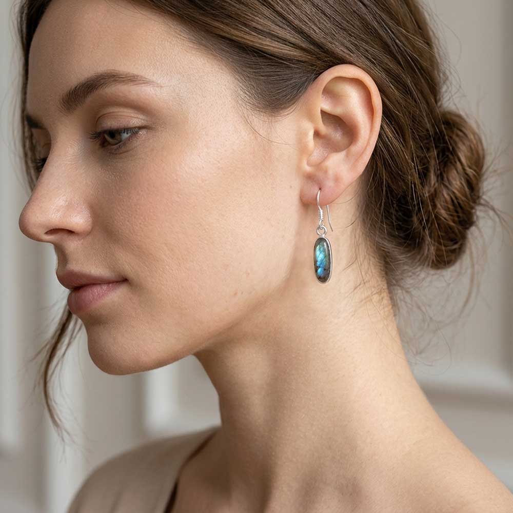 Boucles d’oreilles pendantes labradorite en argent massif 925