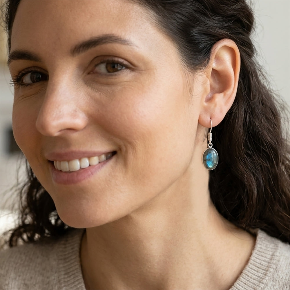 Boucles d’oreilles pendantes labradorite en argent massif 925