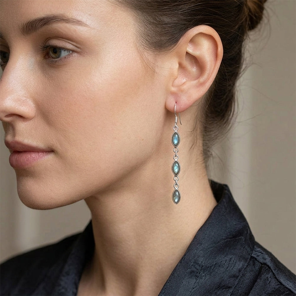 Boucles d’oreilles pendantes labradorite en argent massif 925