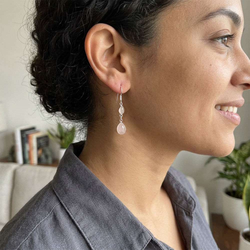 Rose quartz sterling silver drop earrings
