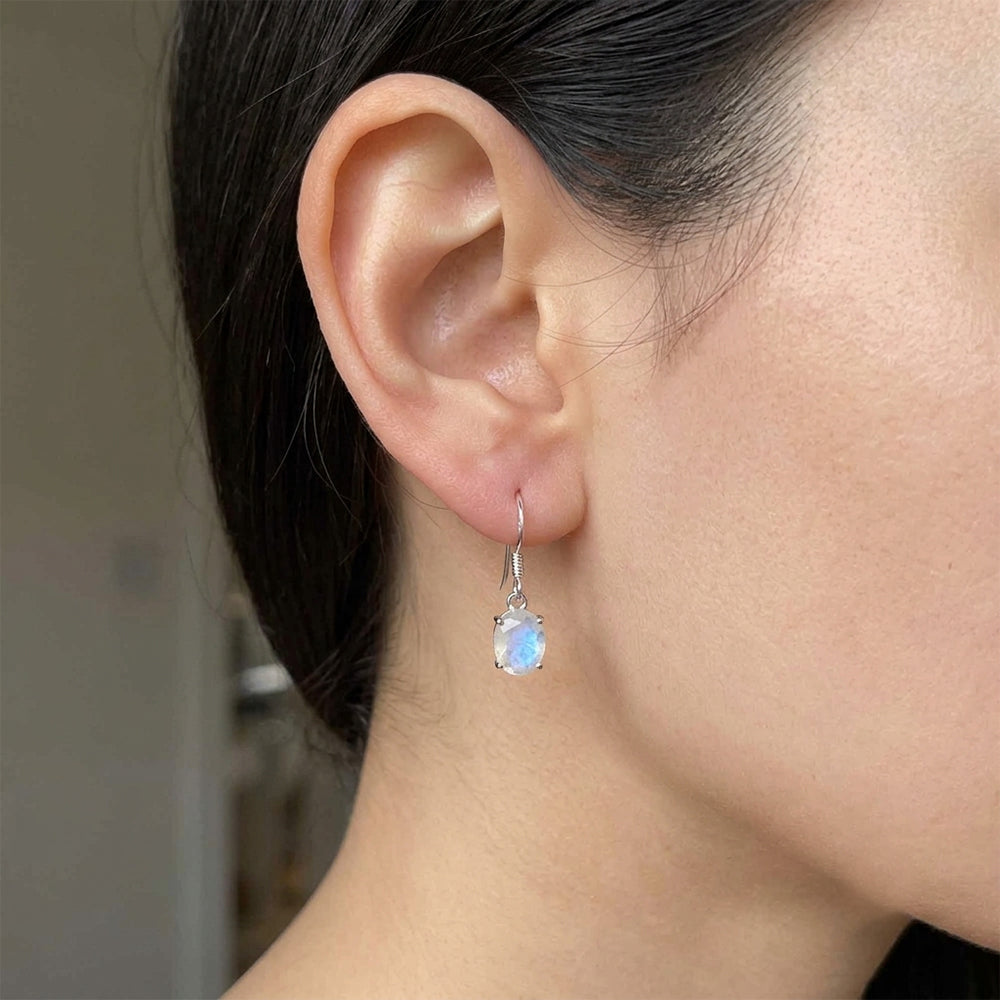 Rainbow moonstone sterling silver drop earrings