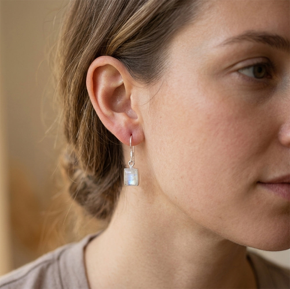 Rainbow moonstone sterling silver drop earrings