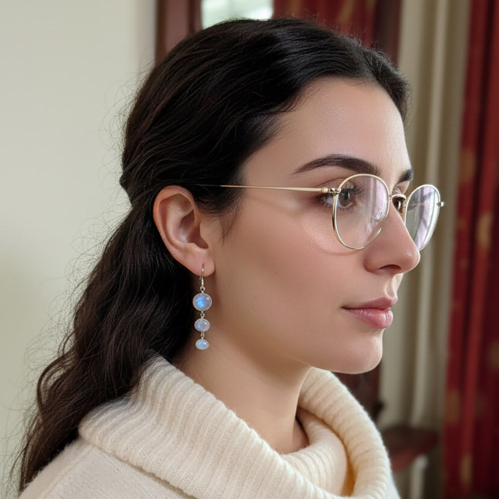 Boucles d’oreilles pendantes pierre de lune arc-en-ciel en argent massif 925