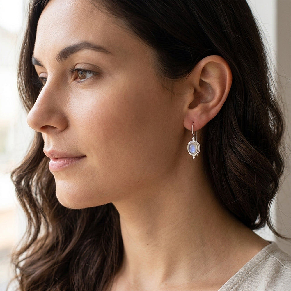 Boucles d’oreilles pierre de lune arc-en-ciel en argent massif 925