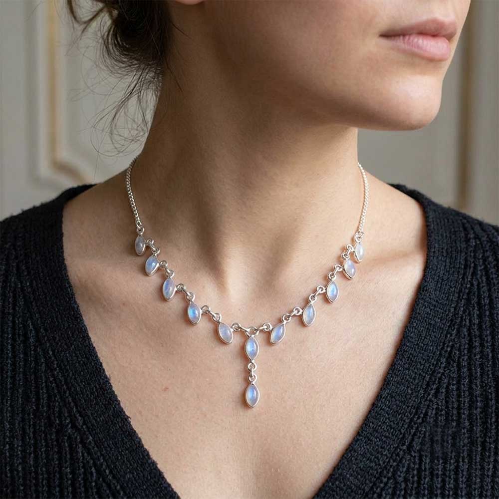 Collier pierre de lune arc-en-ciel en argent massif 925
