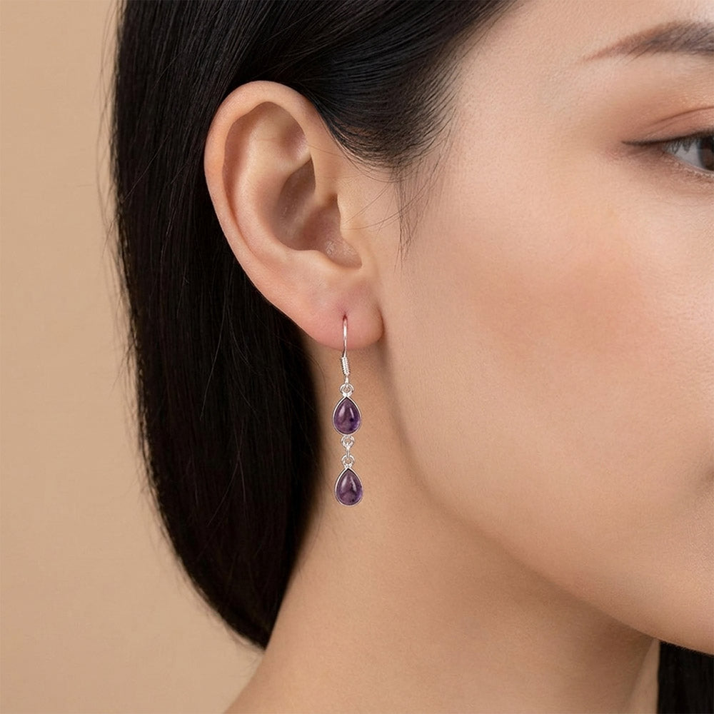 Boucles d’oreilles pendantes améthyste en argent massif 925