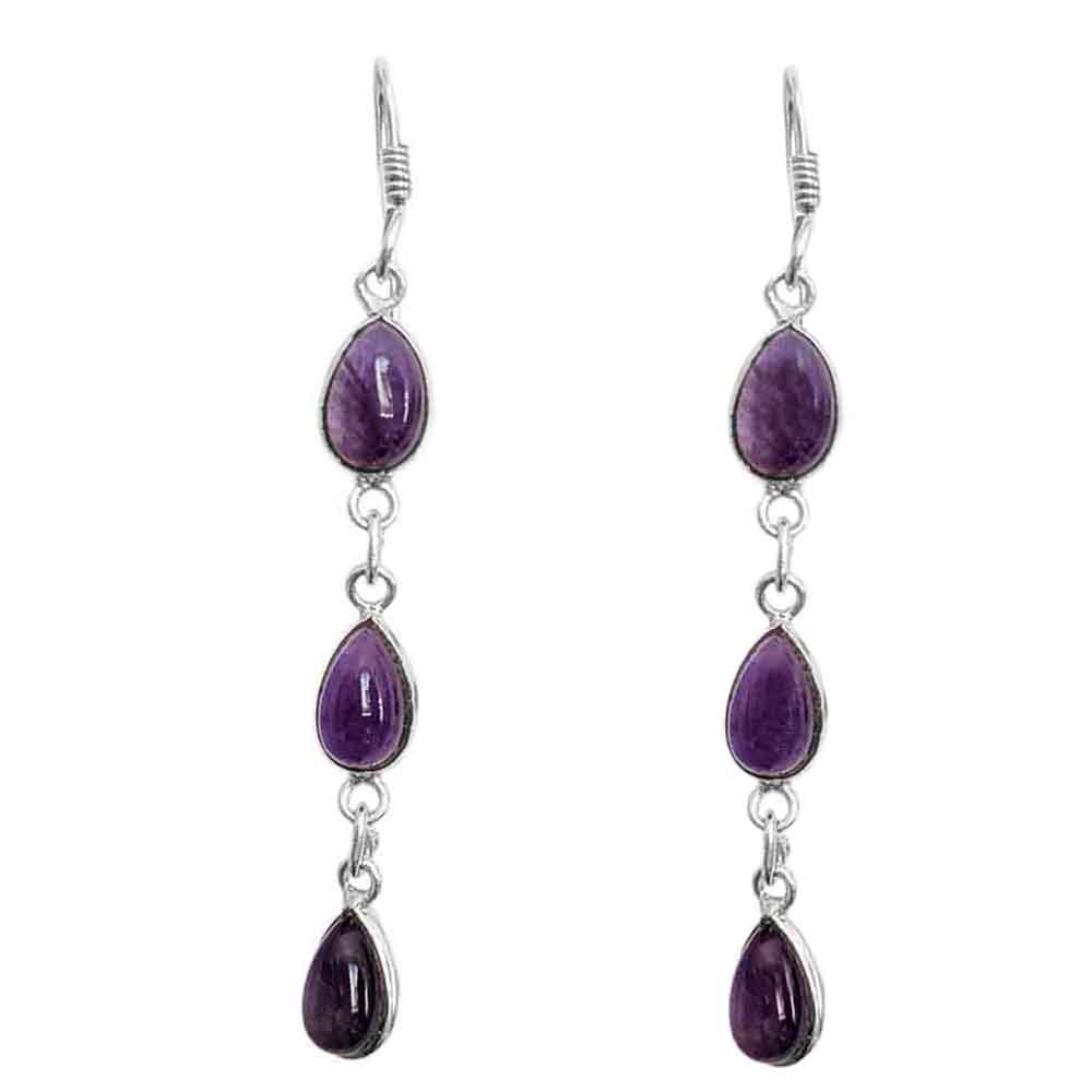 Boucles d’oreilles pendantes améthyste en argent massif 925