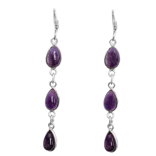 Boucles d’oreilles pendantes améthyste en argent massif 925