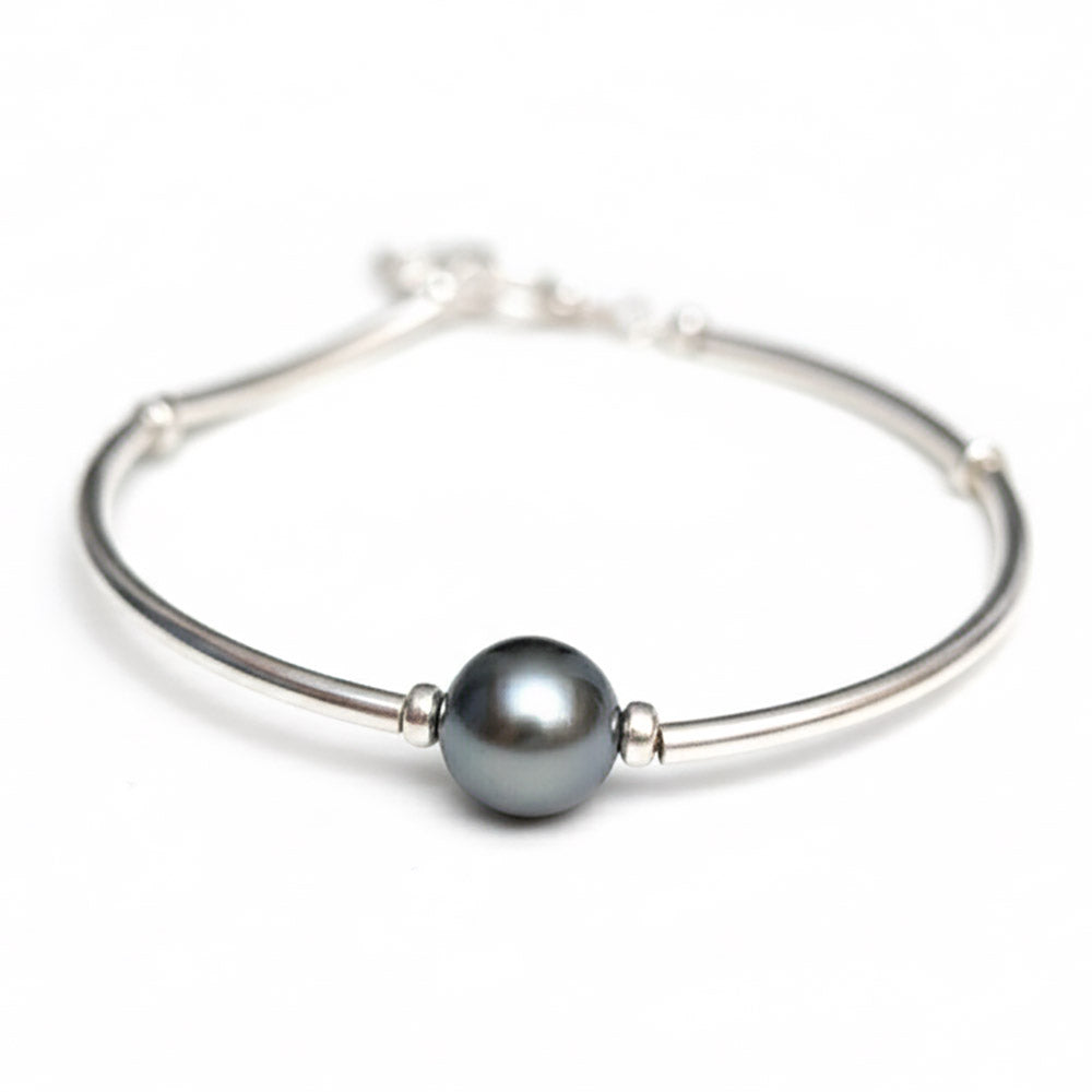 Bracelet perle noire en argent massif 925