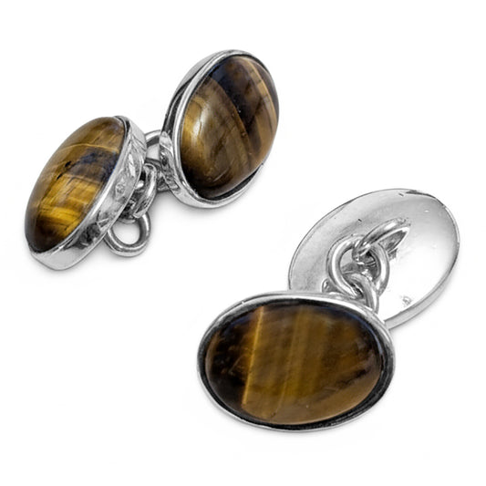 Boutons de manchette œil de tigre en argent massif 925