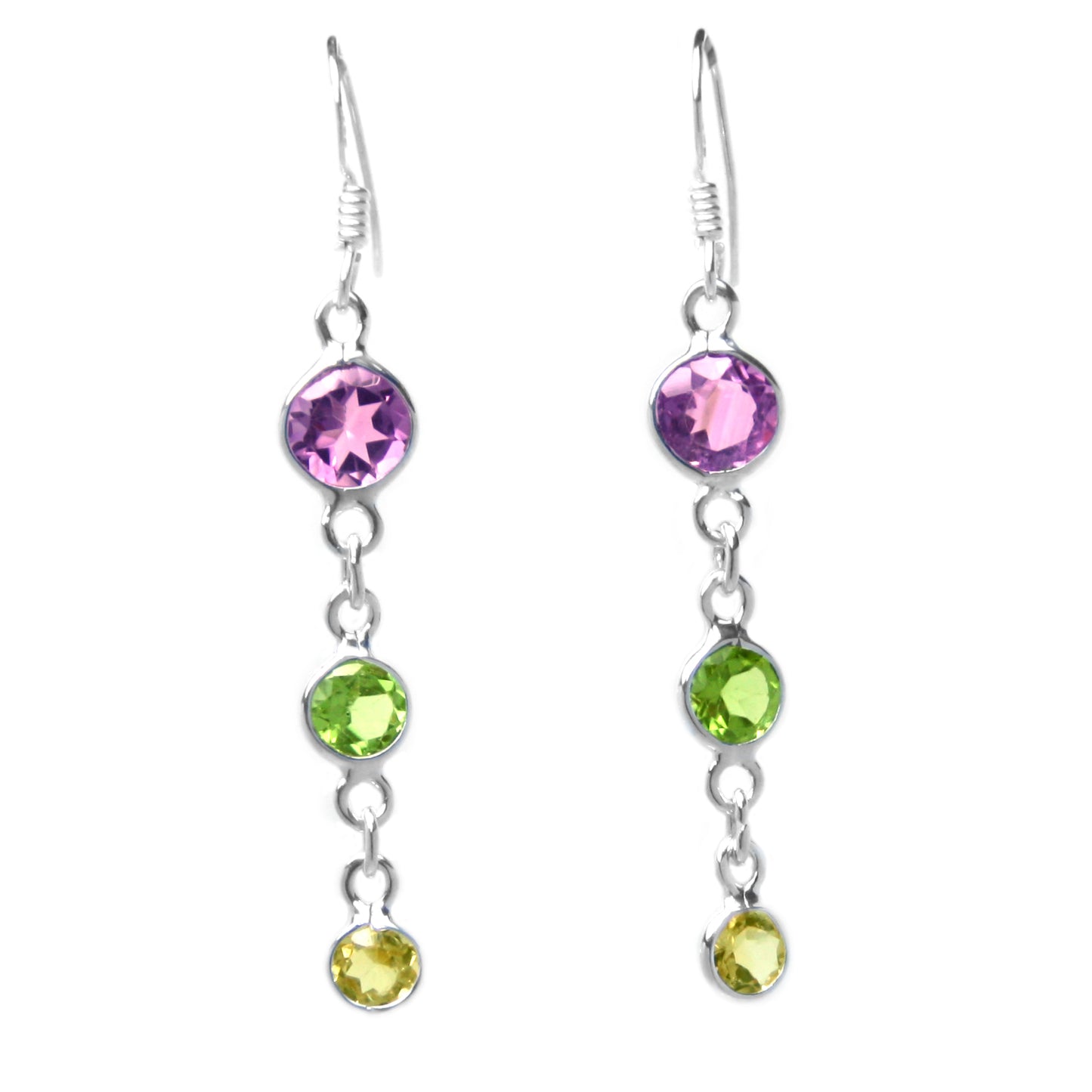 Amethyst, peridot and citrine sterling silver drop earrings