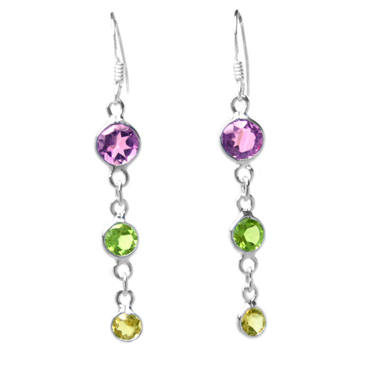 Amethyst, peridot and citrine sterling silver drop earrings