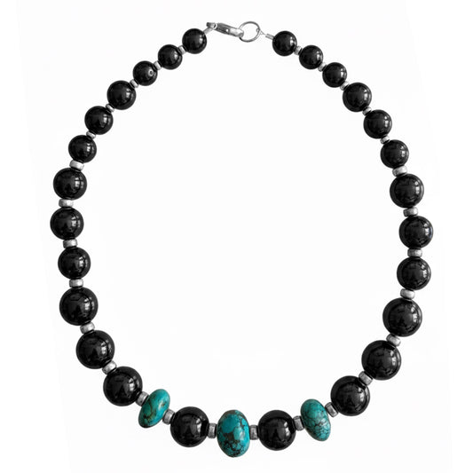 Collier d’onyx noir et turquoise en argent massif 925