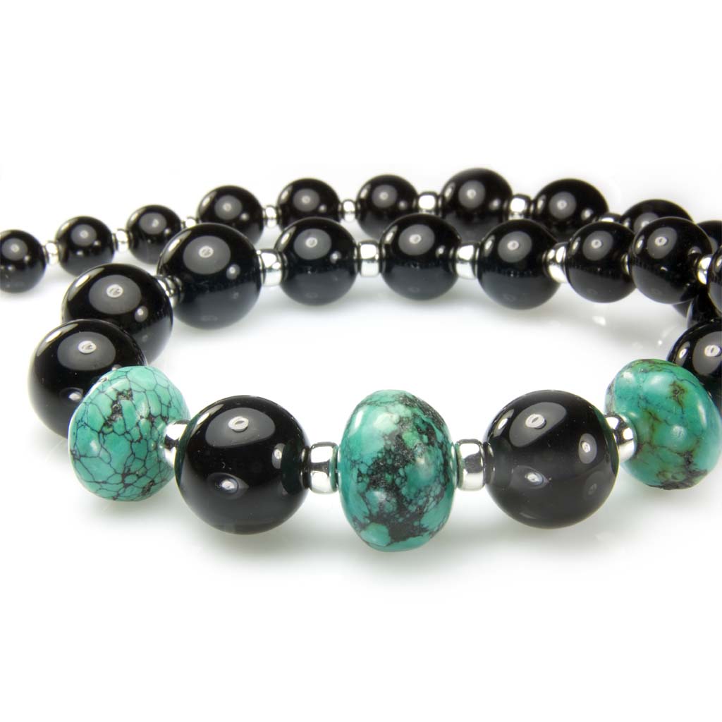 Collier d’onyx noir et turquoise en argent massif 925