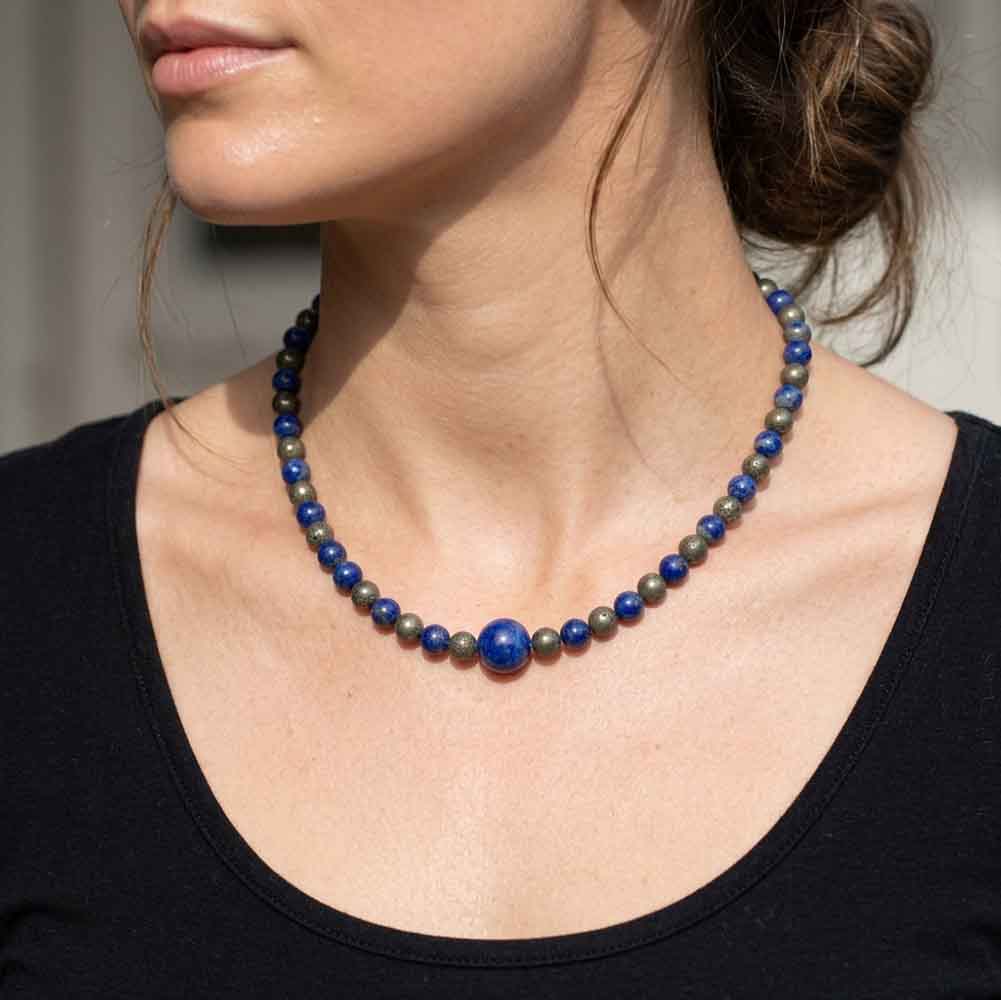 Collier lapis-lazuli et pyrite en argent massif 925