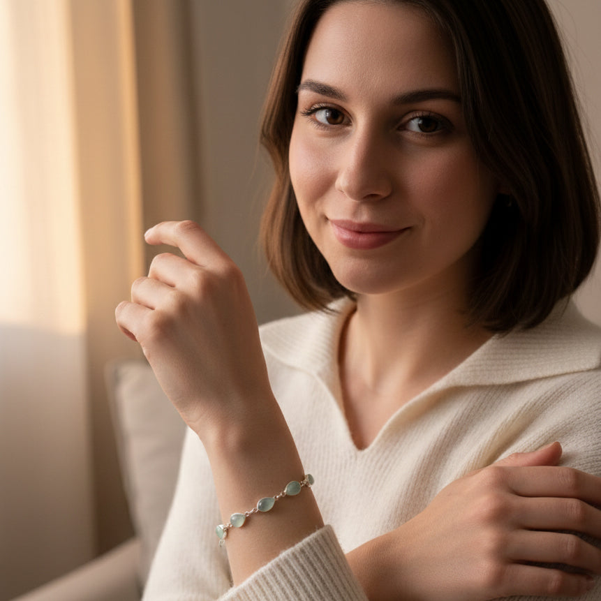 Bracelet calcédoine aqua en argent massif 925