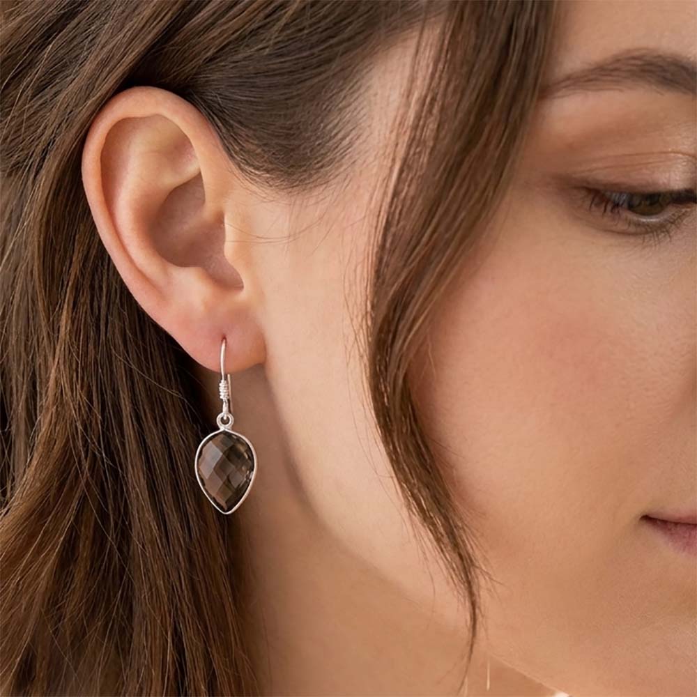 Boucles d’oreilles pendantes quartz fumé en argent massif 925