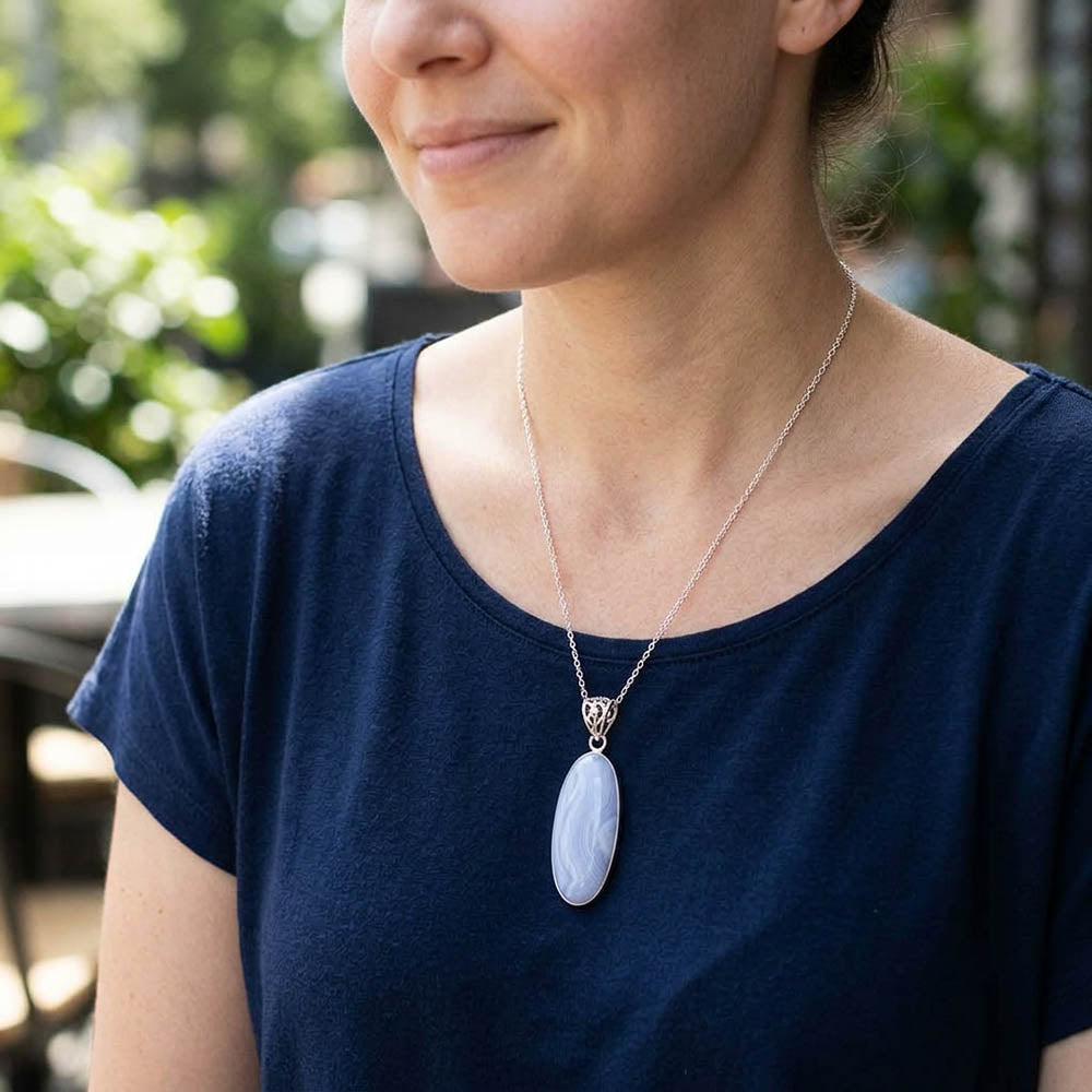 Blue lace agate sterling silver pendant