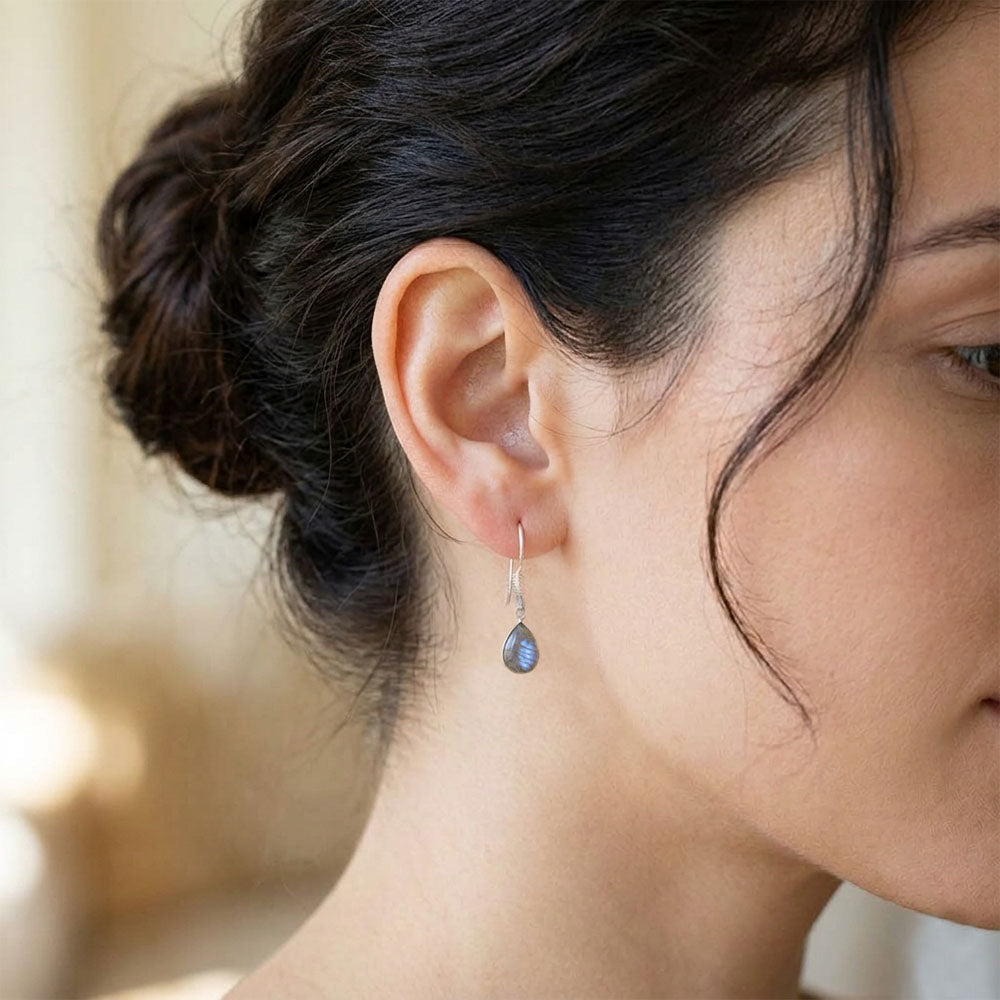 Boucles d’oreilles pendantes labradorite en argent massif 925