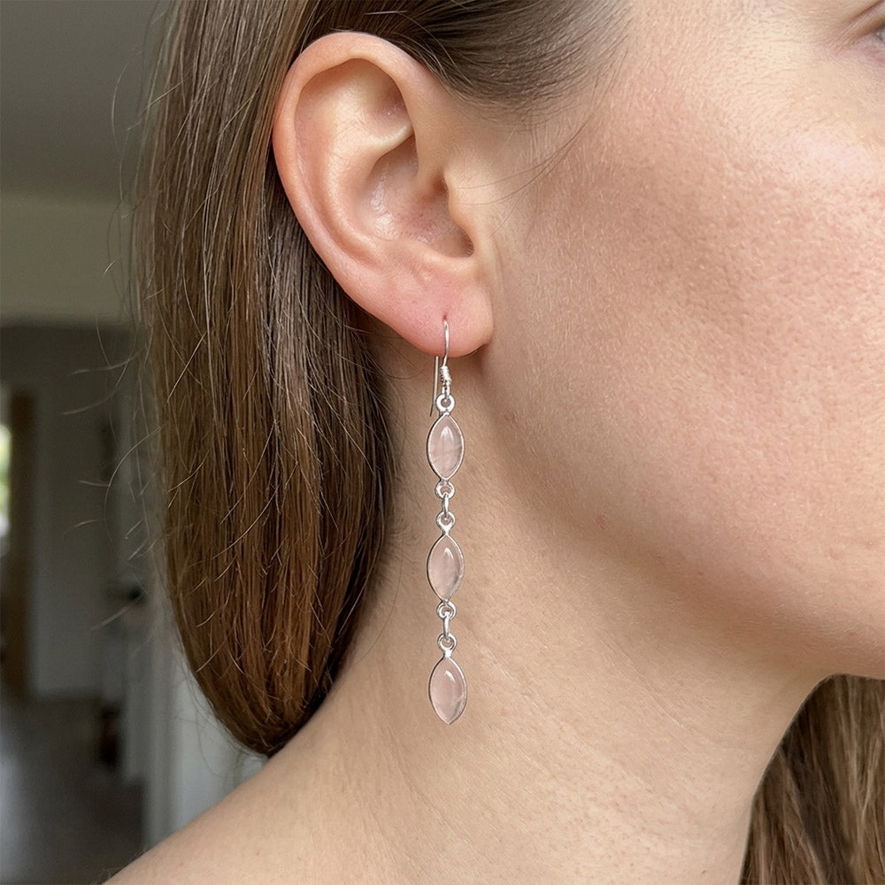 Boucles d’oreilles pendantes quartz rose en argent massif 925