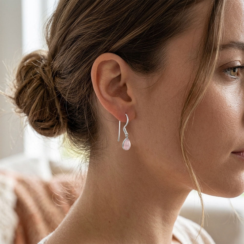 Boucles d’oreilles pendantes quartz rose en argent massif 925