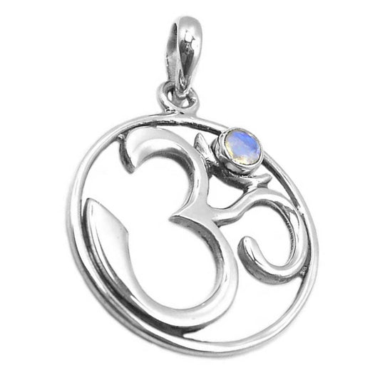 Rainbow moonstone sterling silver om pendant