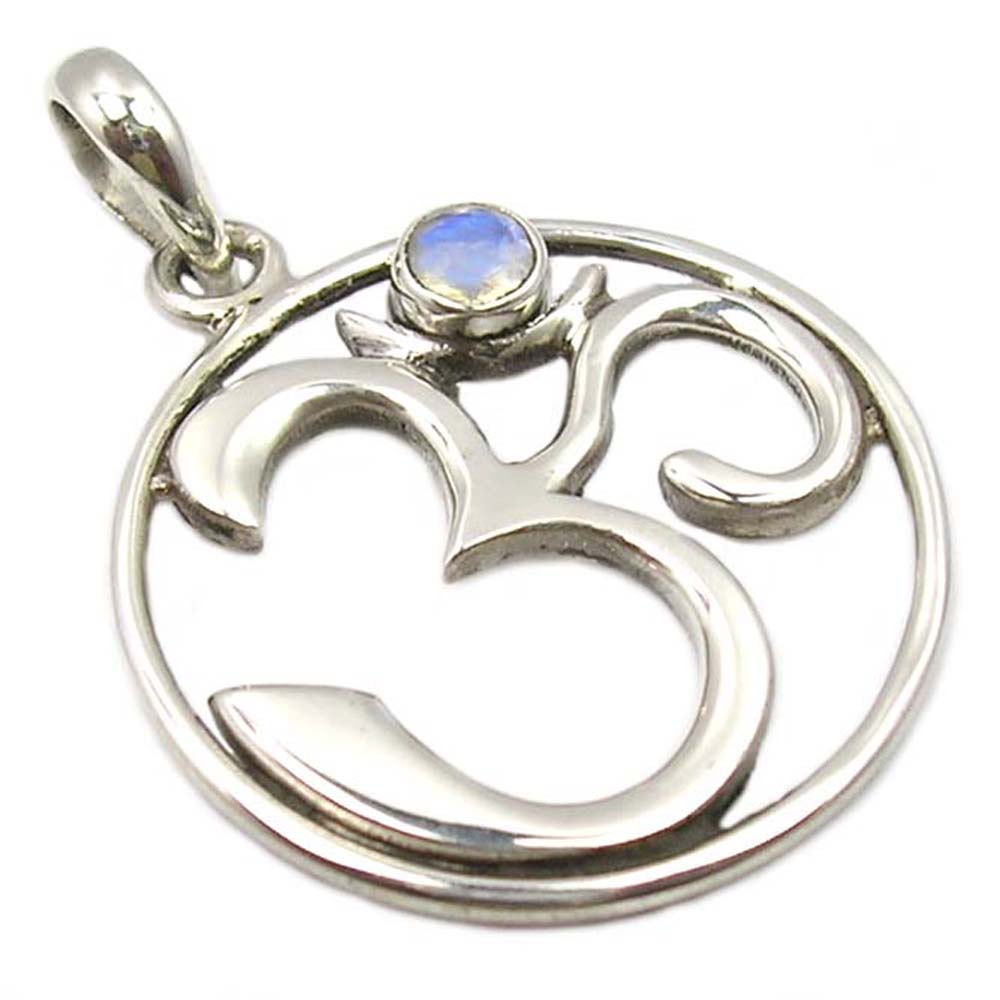 Rainbow moonstone sterling silver om pendant