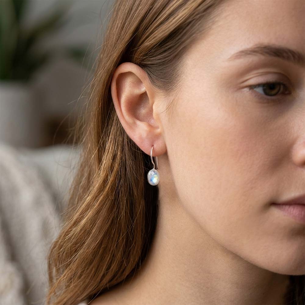 Boucles d’oreilles pierre de lune arc-en-ciel en argent massif 925