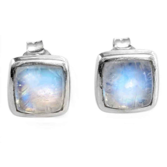 Rainbow moonstone sterling silver ear studs