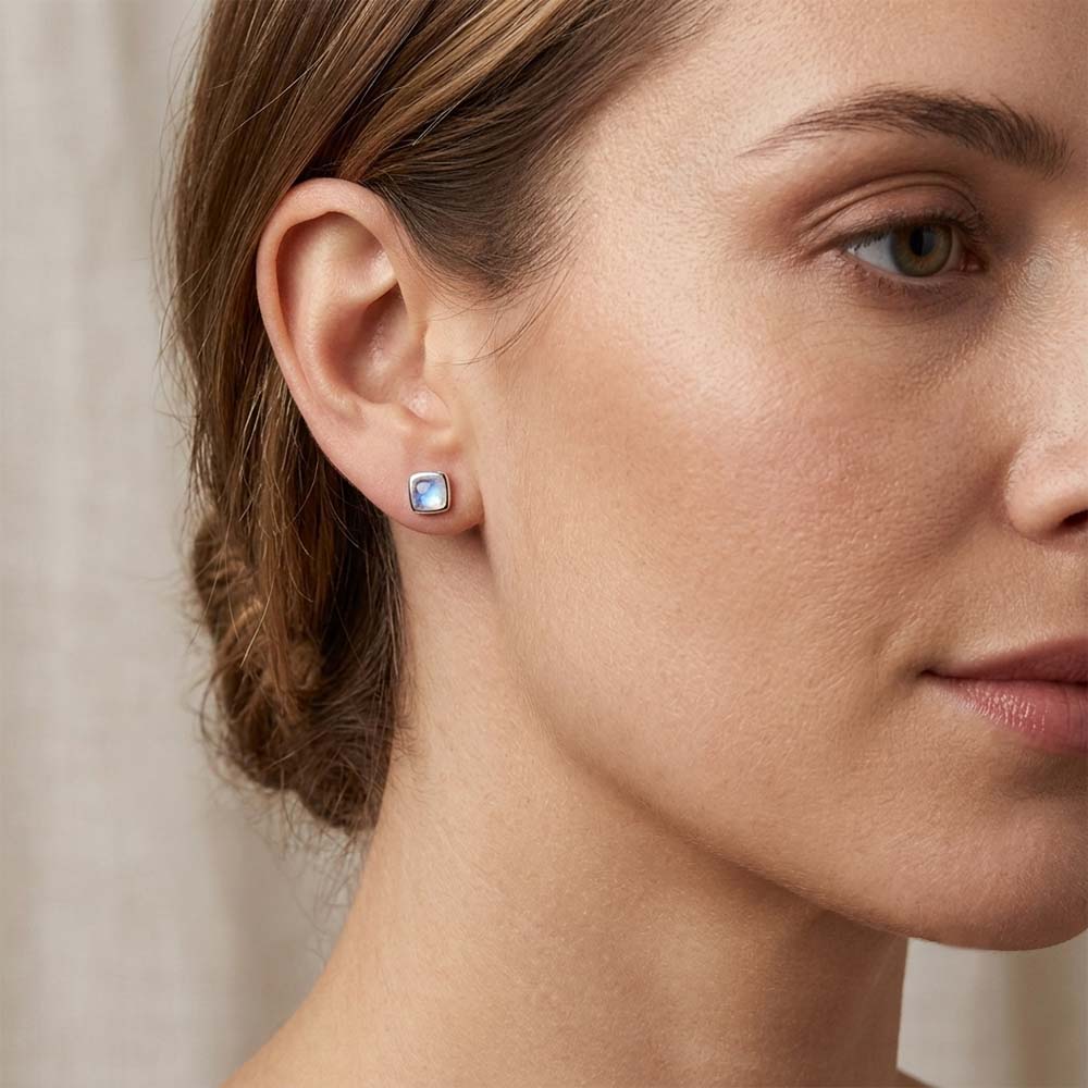 Rainbow moonstone sterling silver ear studs