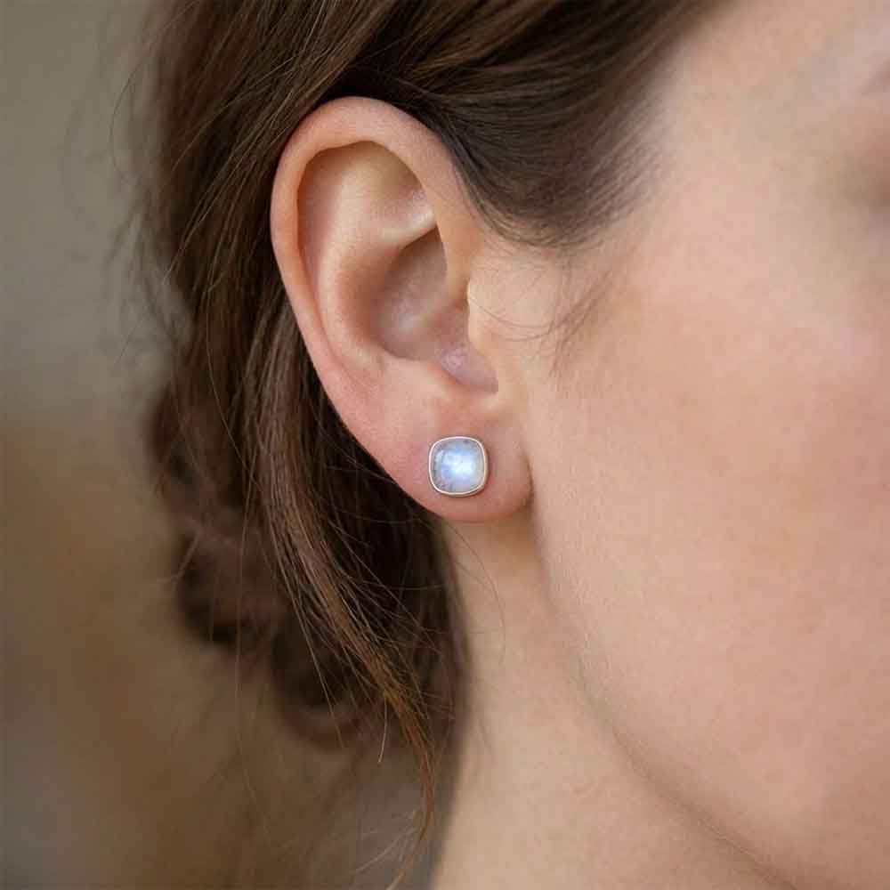 Rainbow moonstone sterling silver ear studs