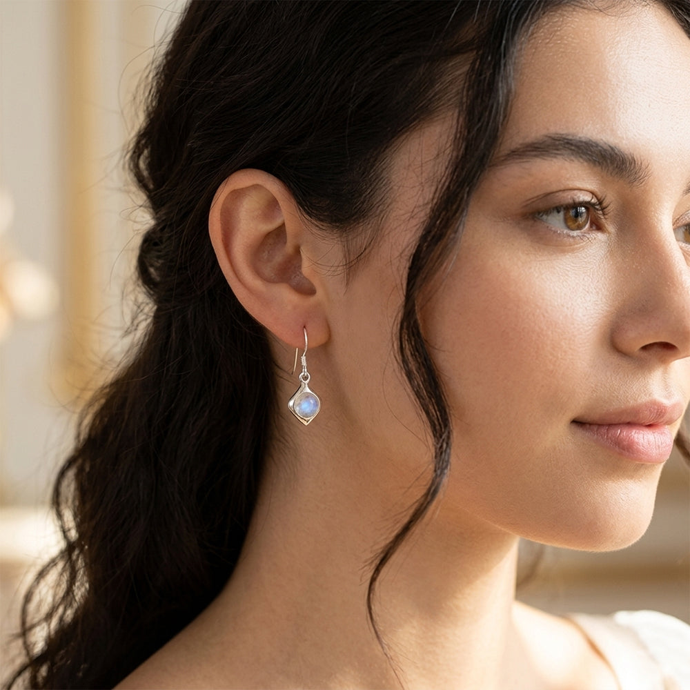 Rainbow moonstone sterling silver drop earrings