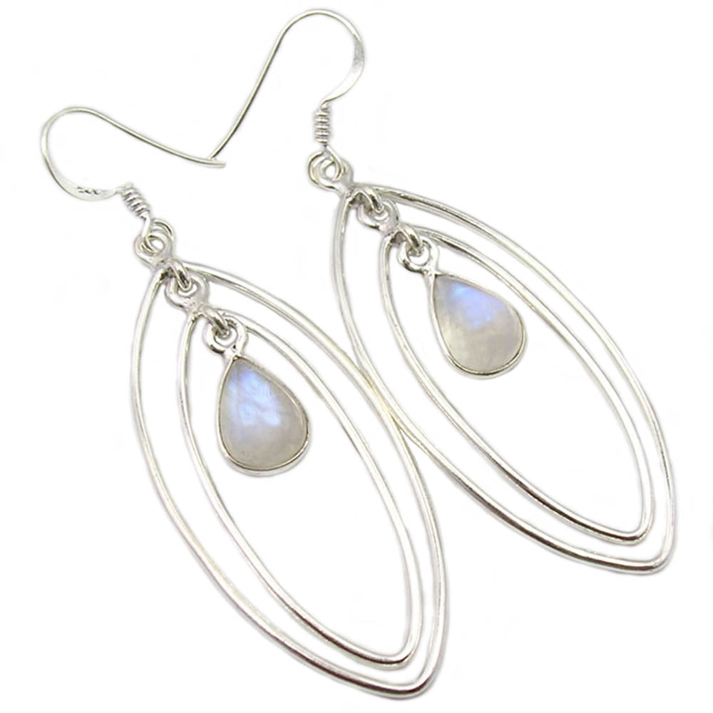 Boucles d’oreilles pendantes pierre de lune arc-en-ciel en argent massif 925