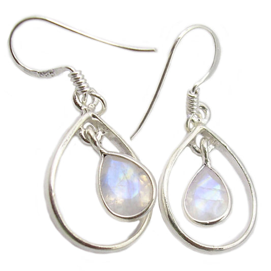 Boucles d’oreilles pendantes pierre de lune arc-en-ciel en argent massif 925