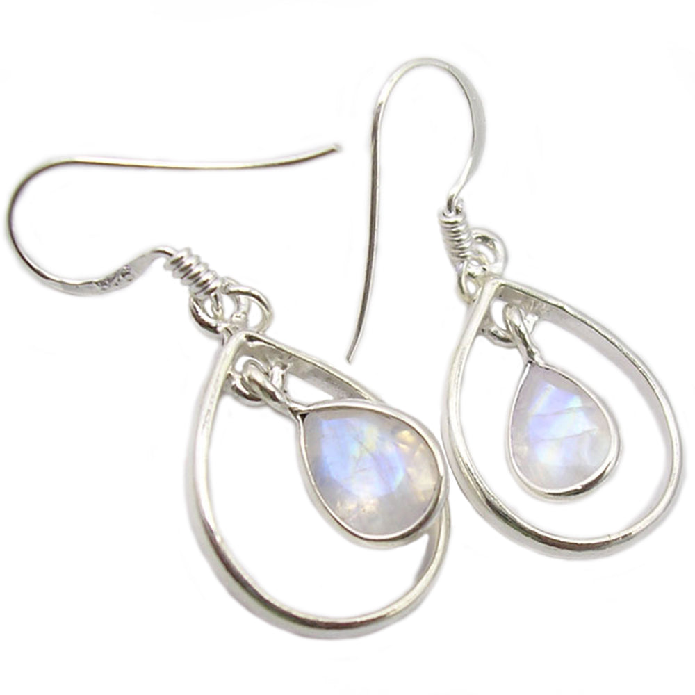 Boucles d’oreilles pendantes pierre de lune arc-en-ciel en argent massif 925