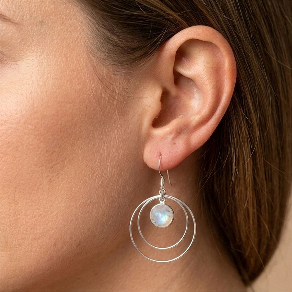Boucles d’oreilles pendantes pierre de lune arc-en-ciel en argent massif 925