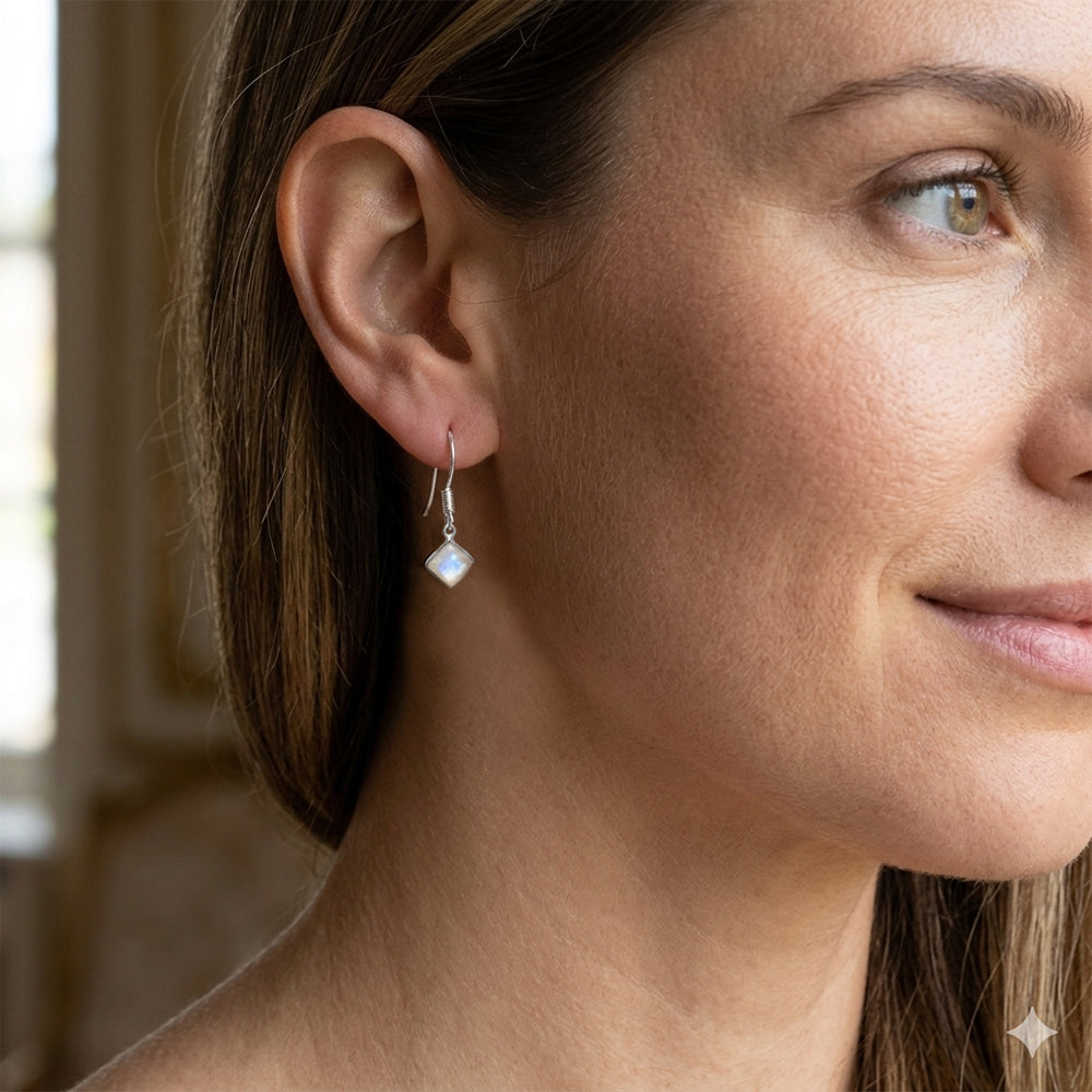 Boucles d’oreilles pierre de lune arc-en-ciel en argent massif 925