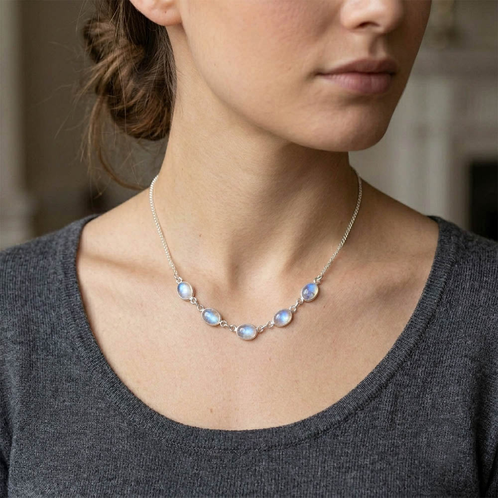 Collier pierre de lune arc-en-ciel en argent massif 925