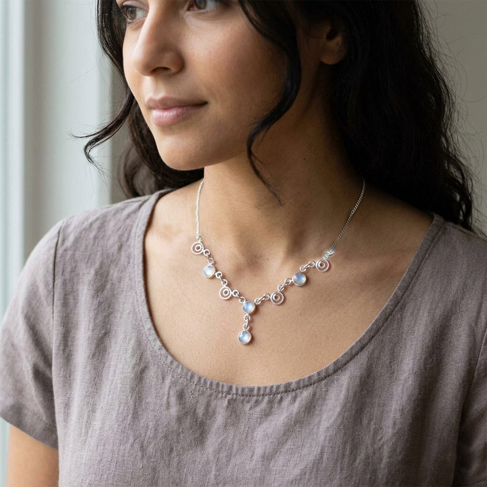 Collier pierre de lune arc-en-ciel en argent massif 925