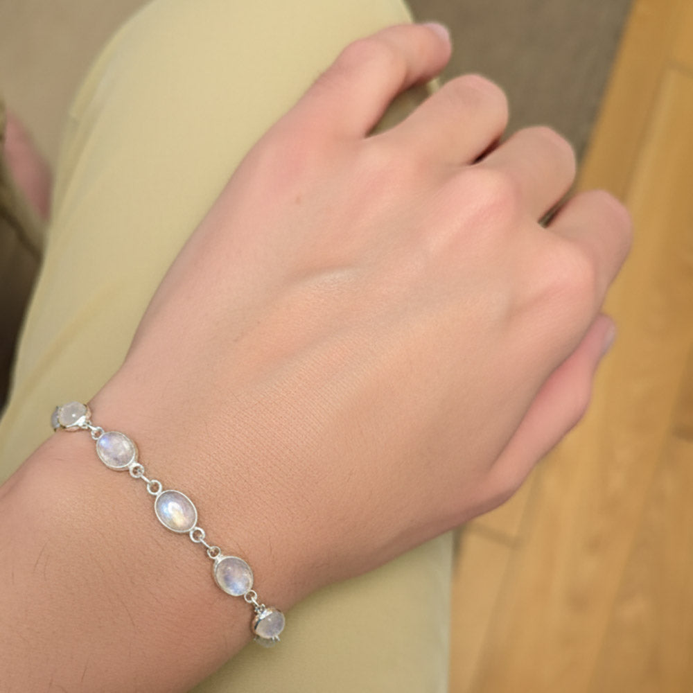 Bracelet pierre de lune arc-en-ciel en argent massif 925